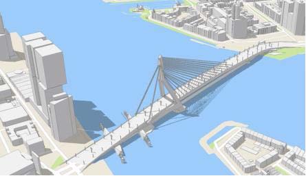 Computer generated image of a bridge connecting two city-like areas.