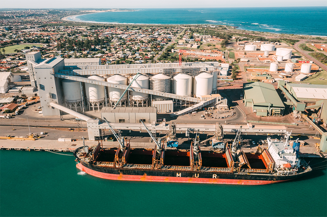 A vessel is being loaded with grain at Berth 3 in the Port of Geraldton