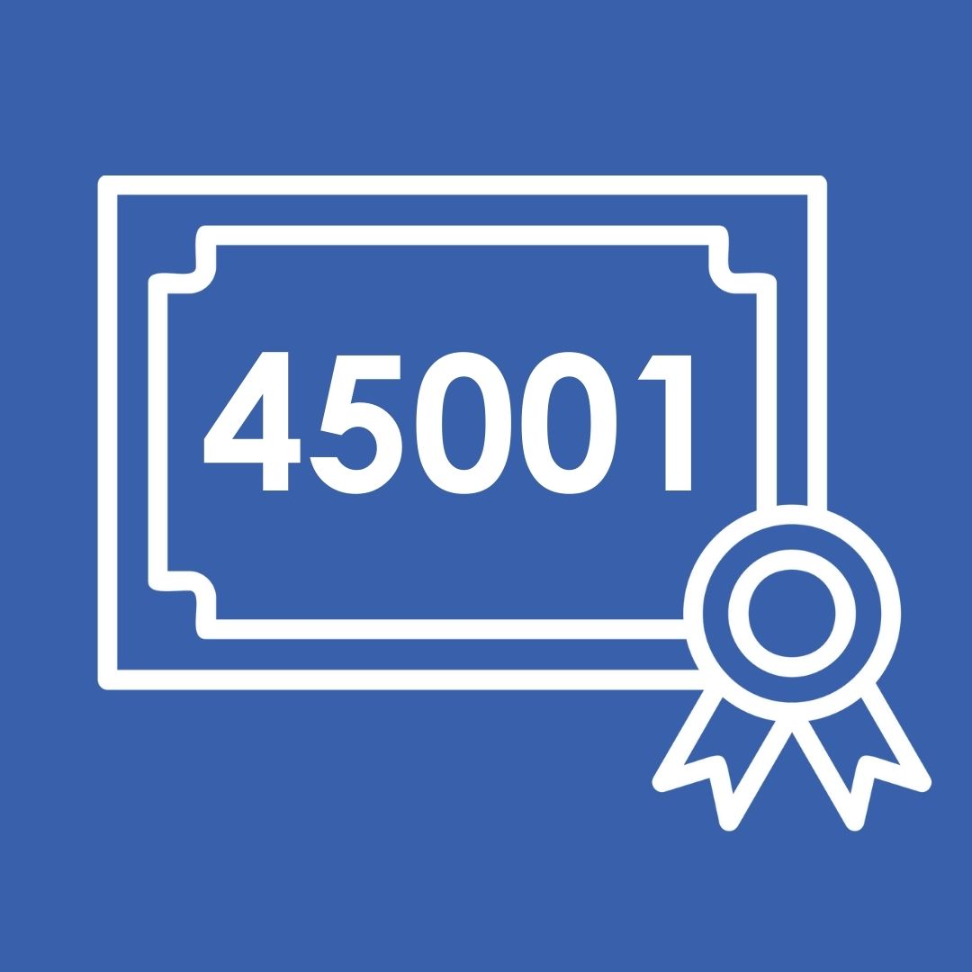 White icon of certificate on blue background with numbers 14001 inside it.