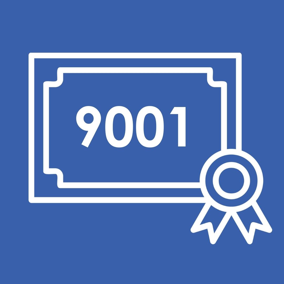 White icon of certificate on blue background with numbers 9001 inside it.
