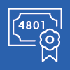 White icon of certificate on blue background with numbers 4801 inside it.