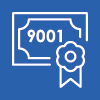 White icon of certificate on blue background with numbers 9001 inside it.