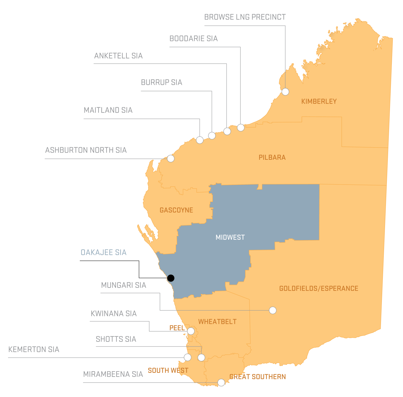 Yellow map of Western Australia with the Mid West area in grey. Labelled with various Strategic Industrial Areas.