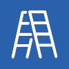 White icon outline on a blue background of an open ladder.