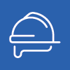 White icon outline on a blue background of the side view of a hard hat.