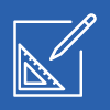 White icon on blue background of pencil, paper and triangle ruler