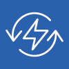 White icon on blue background of lightning bolt surrounded by two arrows travelling in a circle.