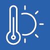 Icon of sun with thermometer in front of it on blue background.
