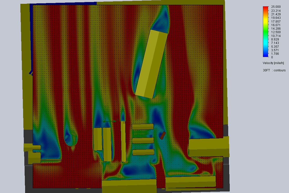 Technical drawing with blue, cyan, green, yellow and red waves