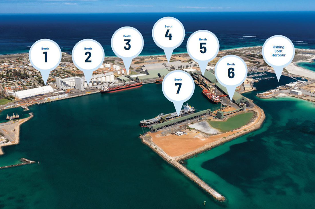 Overview of Geraldton Port and Fishing Boat Harbour with map pins showing Berth locations