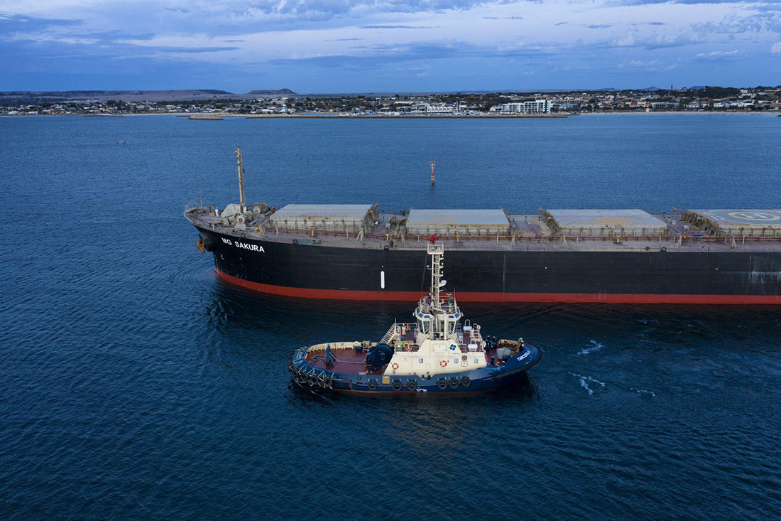 Tug boat travelling alongside cargo shiip with city and shoreline in background.