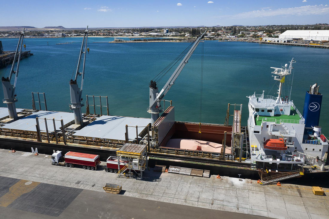 Cargo ship being loaded with grain