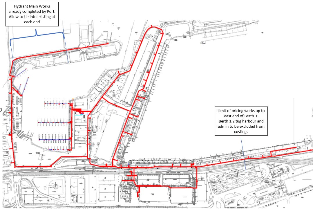 Map of port with indication of where fire fighting pipes are going.