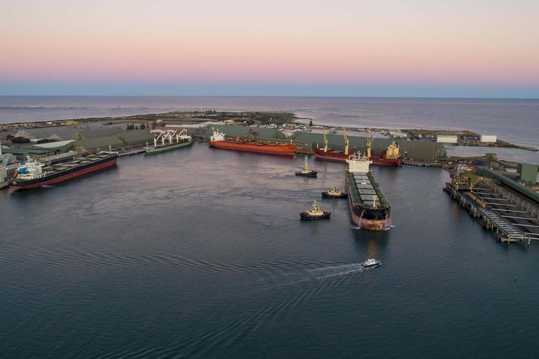 South-western view of the port with 5 ships, 3 tugboats and a pilot boat.