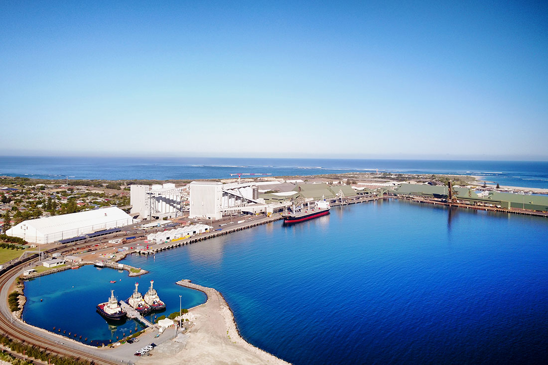 Aerial view of Geraldton port with blue sky and calm blue water