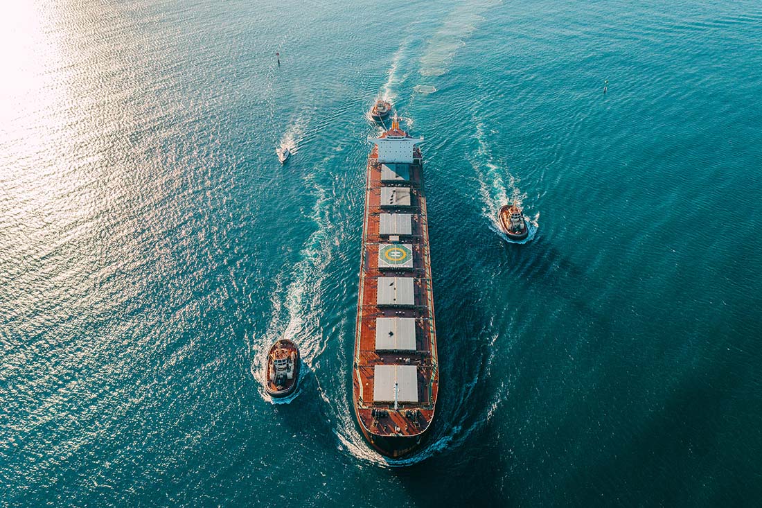 Overniew of cargo ship with three tug boats and one pilot boat alongside.