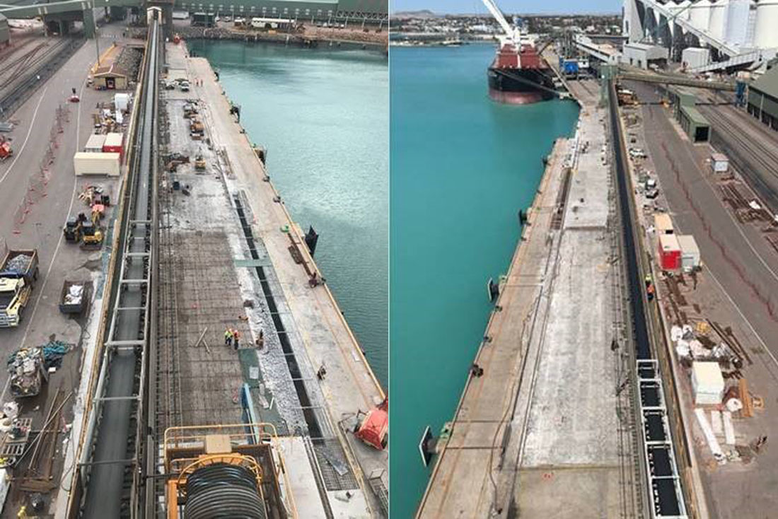 Before and after images of work undertaken at wharf. One has exposed steel beams where as other is more polished concrete.