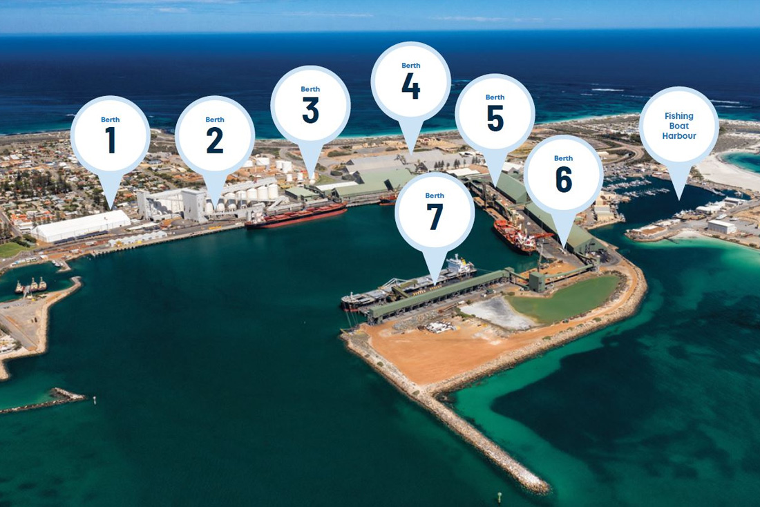 Overview of berth locations at Geraldton Port with number pins on aerial image